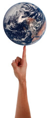 A globe balancing on a finger like a ball